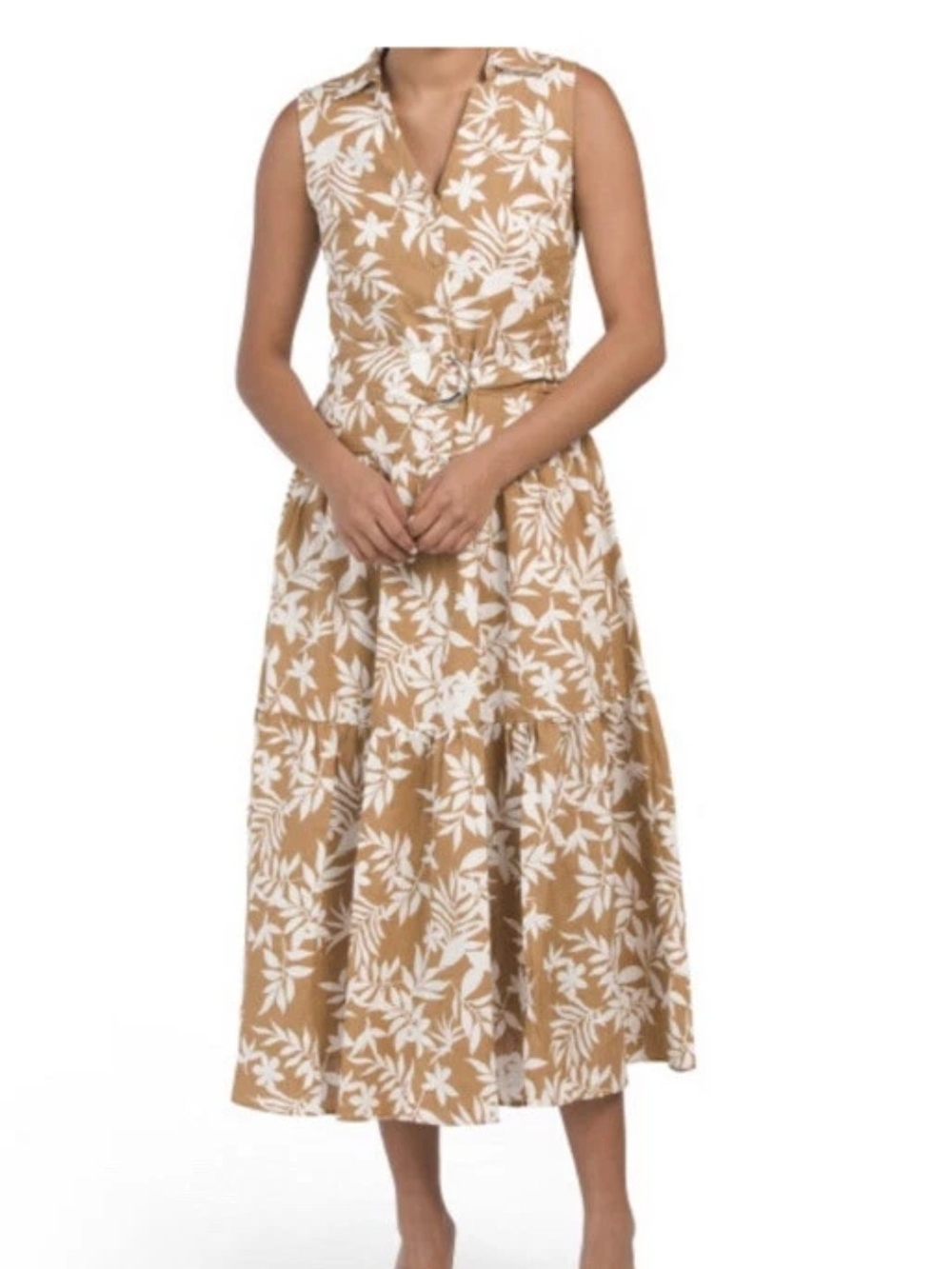 Elie Tahari Tan and White Floral Belted Midi Dress